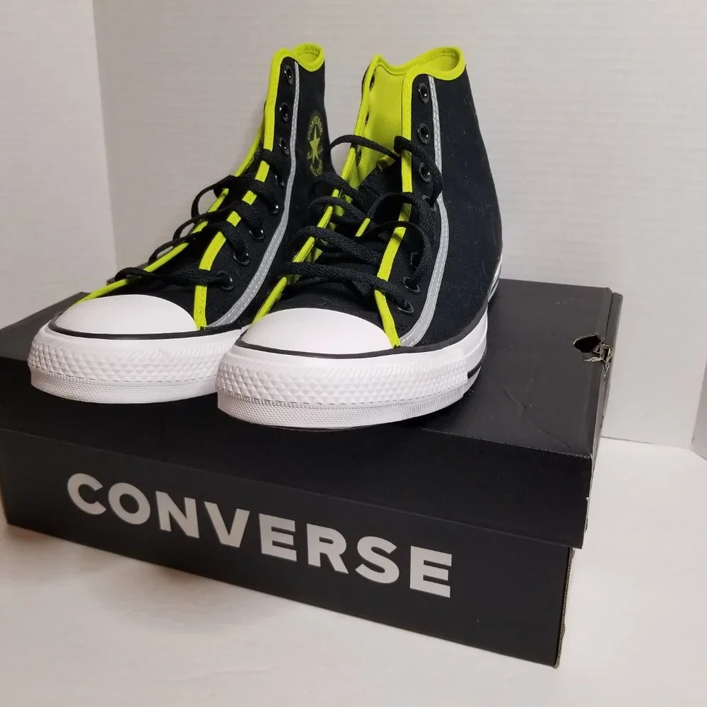 Converse Men’s High Top Sneakers Black with Lime Trim - Picture 5 of 16